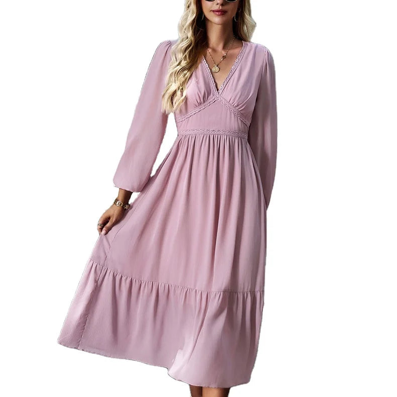 Europe and America Women's 2023 Autumn/Winter Temperament Elegant Solid V-Neck Long Dress