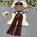 Bohemian Summer Seaside Vacation Two-Piece Set: Knitted Halterneck Top with Tassels & High-Waisted Hollow-Out Long Trousers