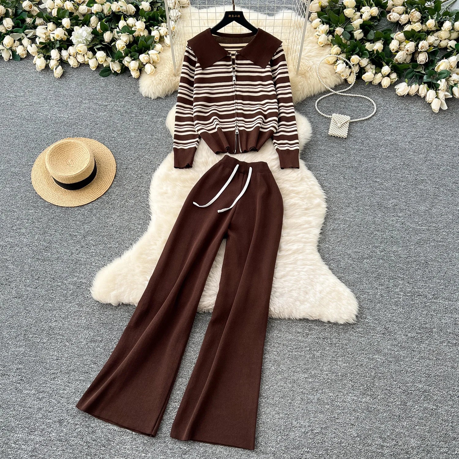 Bohemian Summer Seaside Vacation Two-Piece Set: Knitted Halterneck Top with Tassels & High-Waisted Hollow-Out Long Trousers