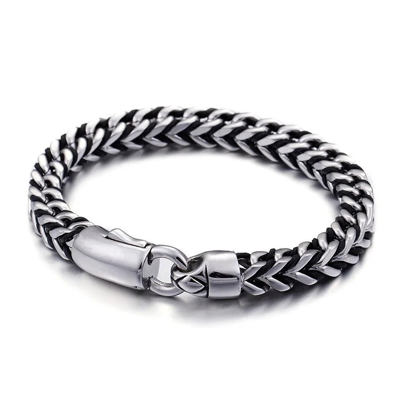 Wholesale Luxury Men's 8mm Non Tarnish Stainless Steel Jewelry Leather Bracelet Franco Chain Bracelet