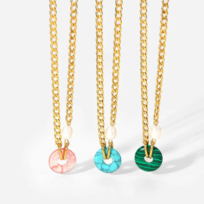 18K Gold Plated Multicolor Natural Stone Pendant Chain Necklace Stainless Steel Pearl Semi Gem Stone Necklace