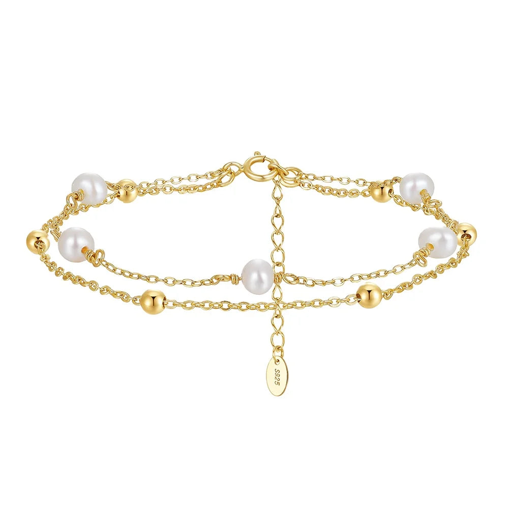 RINNTIN GPB32 Double Chain Wrapped Bracelet 925 Sterling Silver Cultured Freshwater Pearl with Gold Beads Bracelet