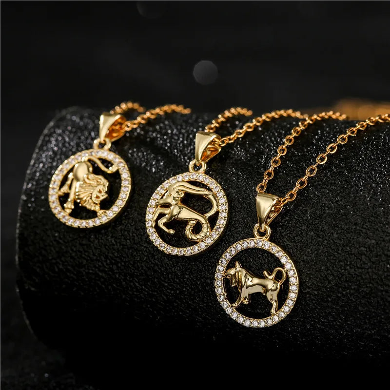 Chinese Women Rhinestone Gold Color 12 Horoscope Chinese Zodiac Sign Pendants Necklace Zodiac Animals Jewelry