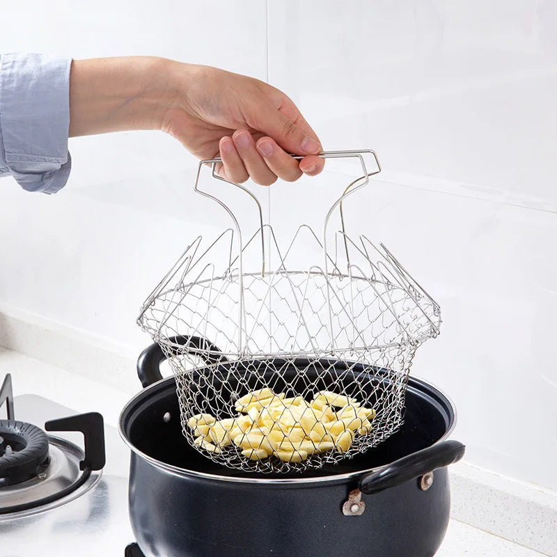 Foldable Steam Rinse Strain Stainless Steel Folding Frying Basket Colander Sieve Mesh Strainer Kitchen Cooking Accessories Tools