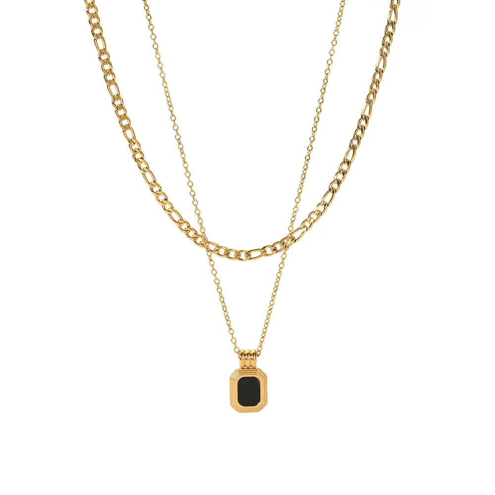 Luxury 18K Double Layers Stainless Steel Rectangle Black Shell Pendant Figaro Chain Necklace Classic Style for Anniversaries