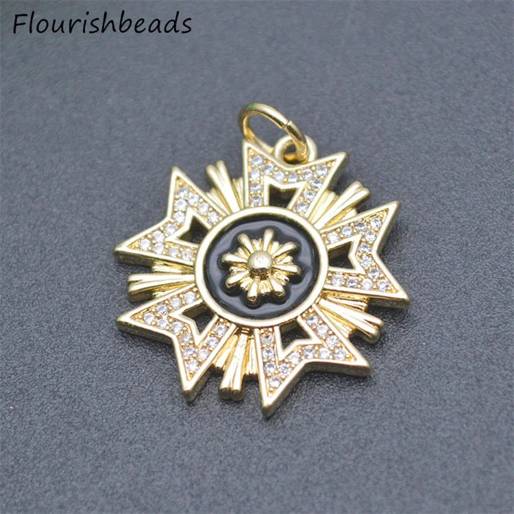 Jewelry Accessories Nickel Free Anti Fading 18K Gold Plated CZ Pave Enamel Big Size Sunflower Charms Pendants