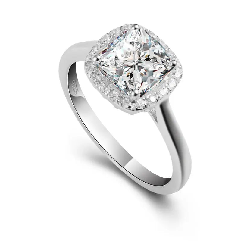 925 Silver Princess Square Zircon Women's Wedding Ring Prong Setting Trendy Classic Religious Pearl Number Pattern