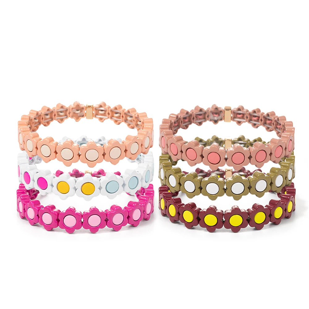 New Design Women Bohemia Colorful Daisy Enamel Beaded Elastic Stretch Flower Cuff Bracelets
