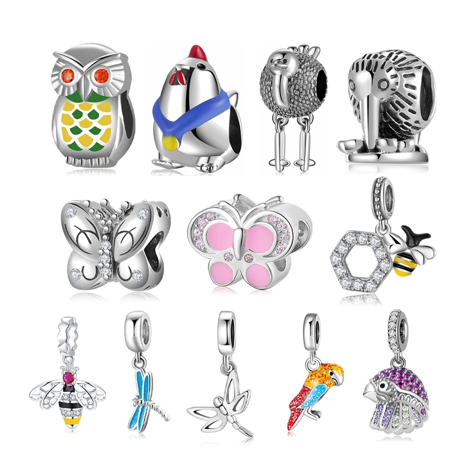 Real 925 Sterling Silver Animal Series Enamel Charms Owl woodpecker butterfly Beads Pendant for Women Jewelry Bracelet Fashion