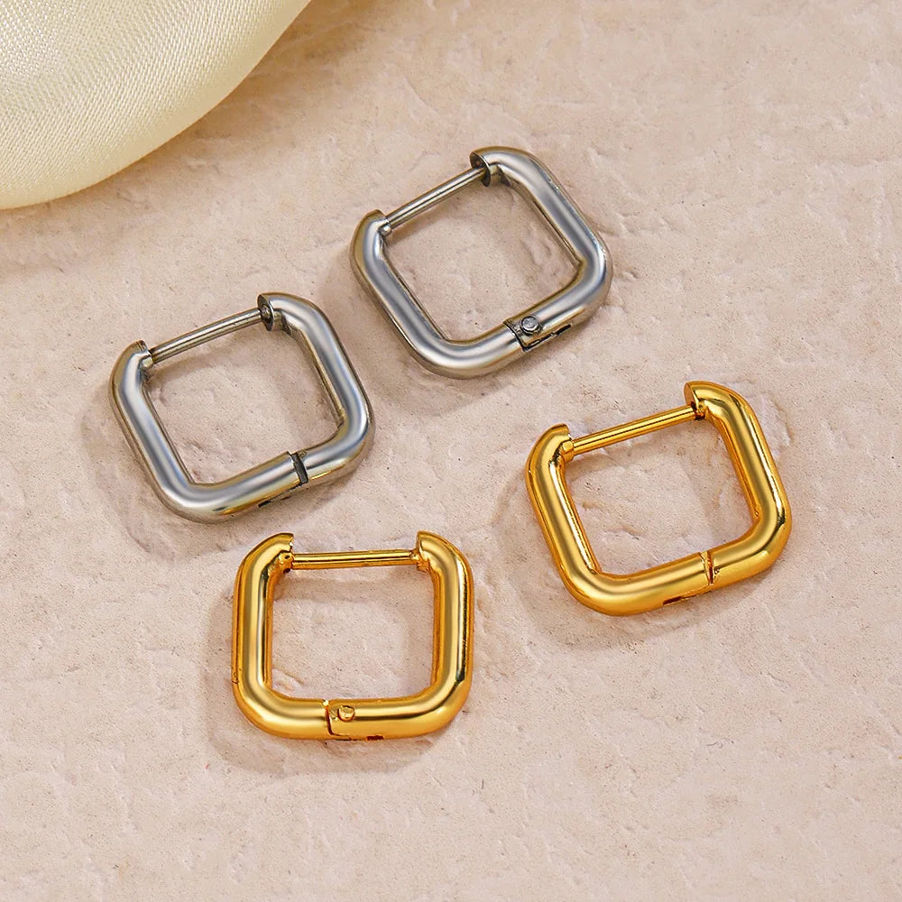High Polished 18k Gold Plated Square Earrings Hypoallergenic Stainless Steel Square Hoop Earrings
