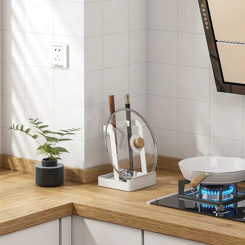 Kitchen Countertop Organizer with Sit-Down Water Tray Household Cutting Board Pot Cover Rack Spatula & Soup Spoon Rests