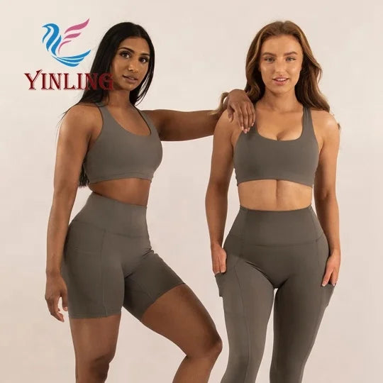 Custom Private Label Quick Dry Gym Fitness Sets for Women Solid Pattern Spandex/Nylon Yoga Leggings Activewear Athletic Wear