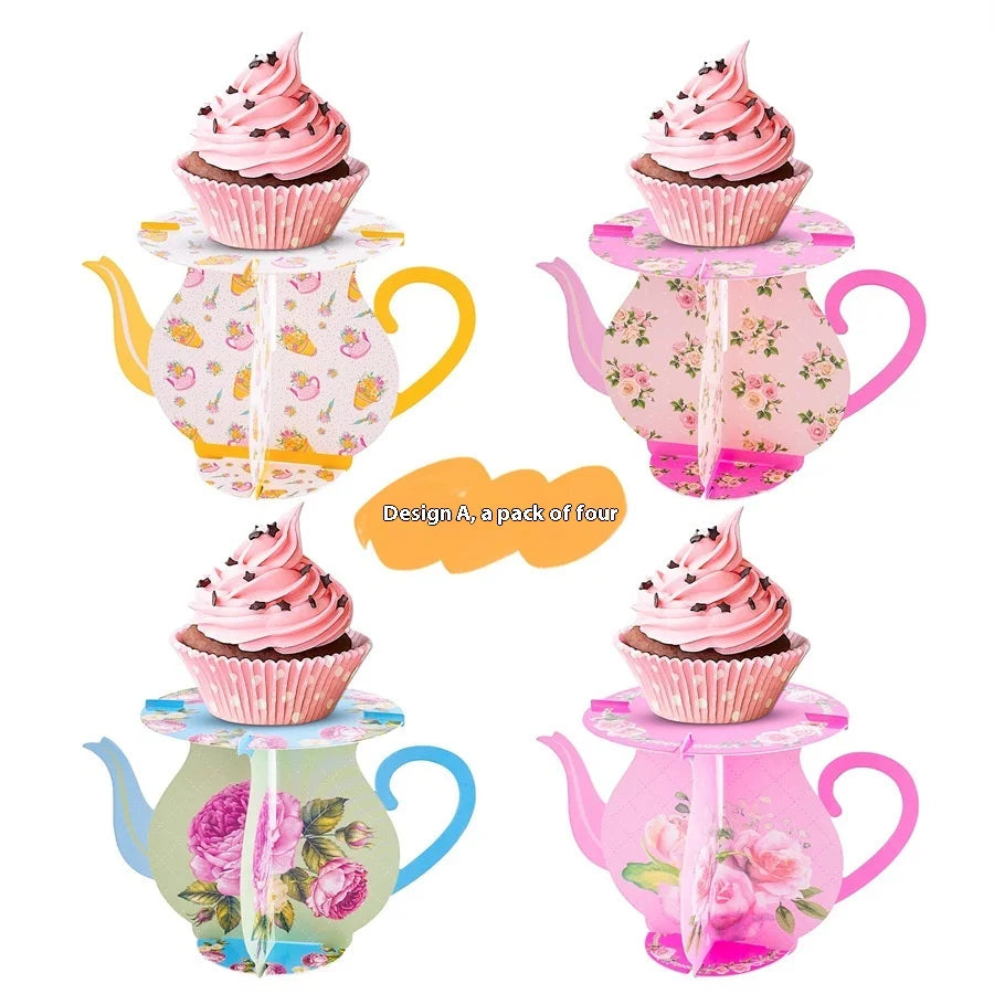 DAMAI Multi Color Tea Party Tableware Cupcake Rack and Teapot Shape Cake Stand for Themed Tea Party Floral Decorations
