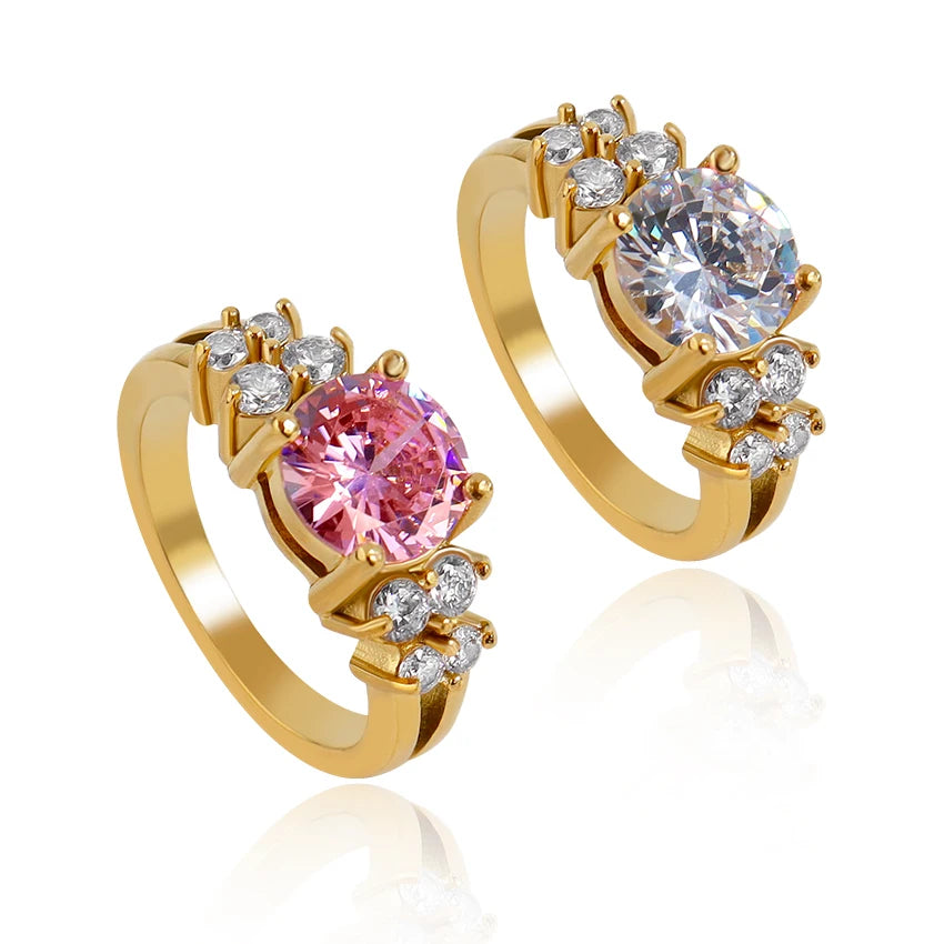2023 Luxury Big Unique Pink and Clear Zircon Rings Stainless Steel 18k Gold Plated Stone Wedding Rings Dainty Cz Ring for Women