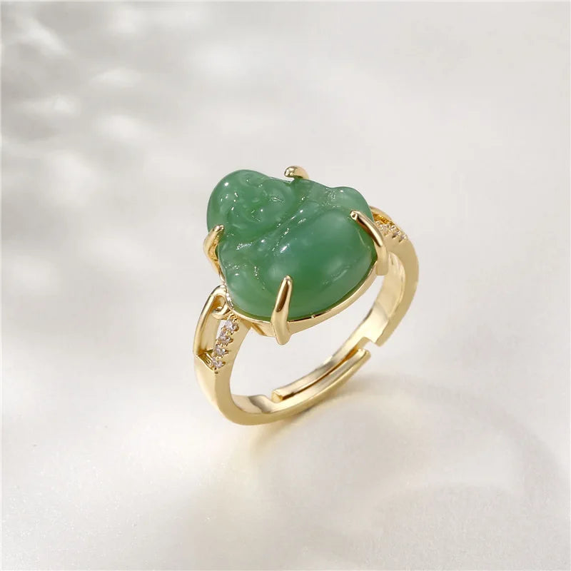 Copper Gold Plated Micro Paved Cz Green Agate Buddha Finger Ring Hot Sale Buddha Jade Ring for Women
