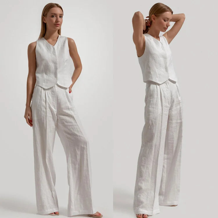 Enyami Custom Summer Leisure Office Cotton Blend Linen Texture Sleeveless Waistcoat Vest Tops Pants 2 Piece Co Ord Sets Women