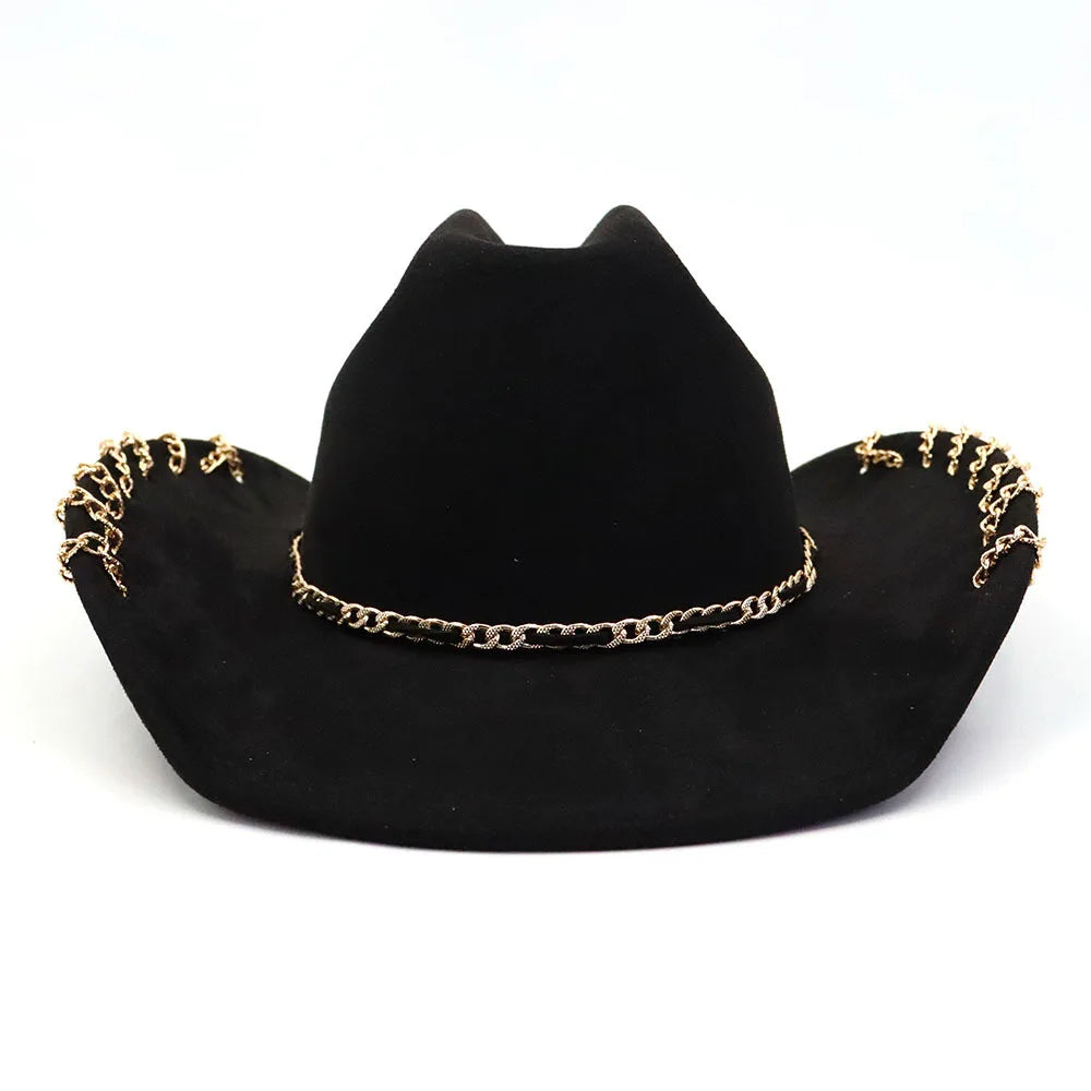New Trendy Western Cowboy Hat Suede Top Hat for Men Women Wide Brim Metal Chain Design Suede Jazz Hat