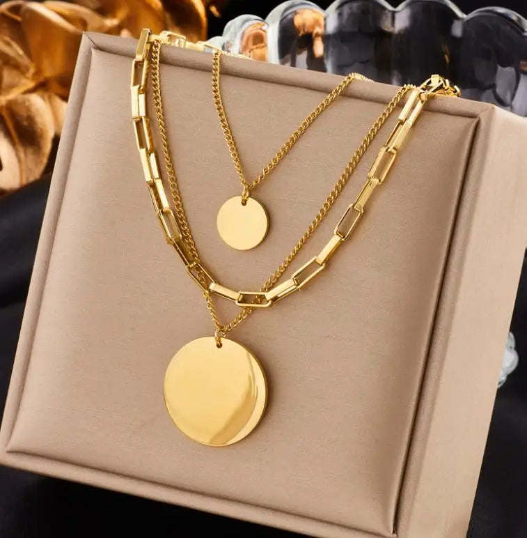 European and American Simple Multilayer Necklace Multi-layer Round Pendant Chain Necklace Best Quality