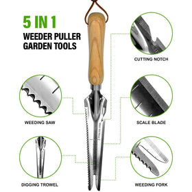 Vertak 5 in 1 Spade Weeder Puller Garden Drain Transplanting Spade with Weeding Digging Cutting Pruning Measuring Tools