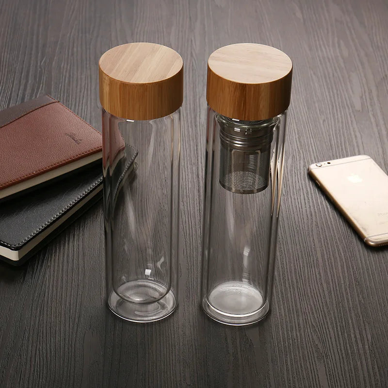 Custom Logo Branding Double Wall Glass Bottles Manufacturer Selling Tea Fruit Filter Infuser Water Bottle with Bamboo Lid Top