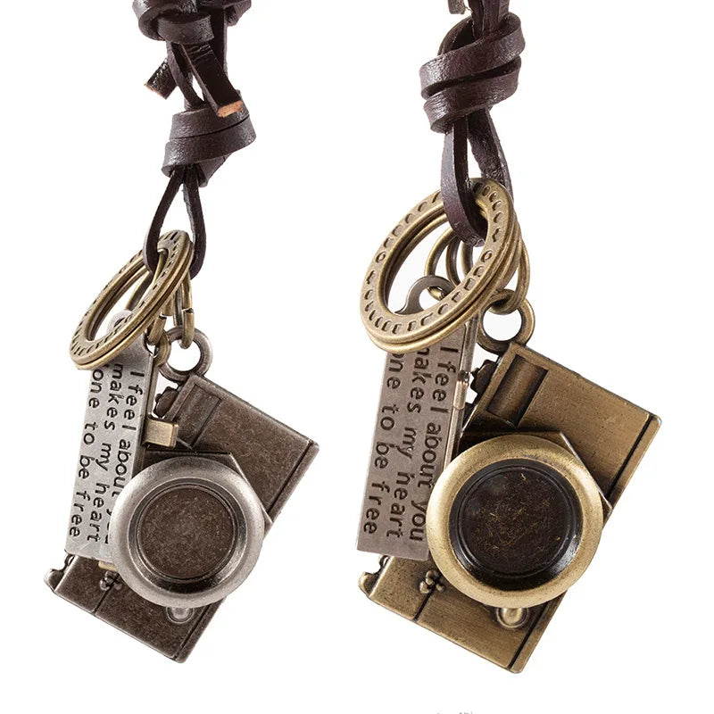 Hot Sales Men's and Women's Fashion Jewelry Long Necklace Rope Chain with Personality Cowhide Necklace and Alloy Camera Pendant