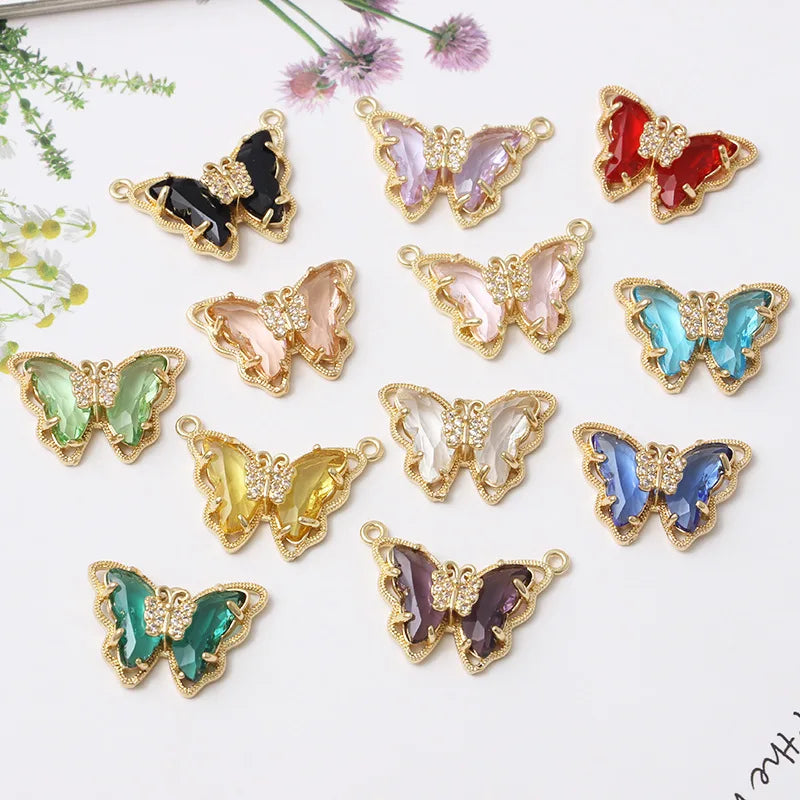 Gold Plated Copper Butterfly Charm Necklace Pendant Accessory Colorful Glass Crystal Butterfly Shape Brass Jewelry Accessories