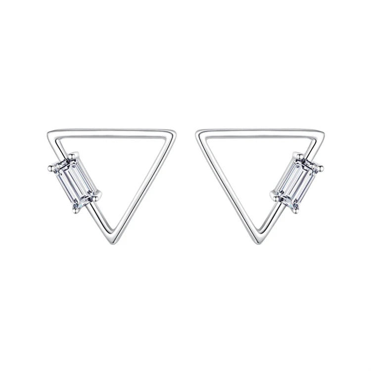 Fashion 925 Sterling Silver Geometric Triangle Hollow Women Simple Baguette Square Shaped CZ Diamond Stud Earrings