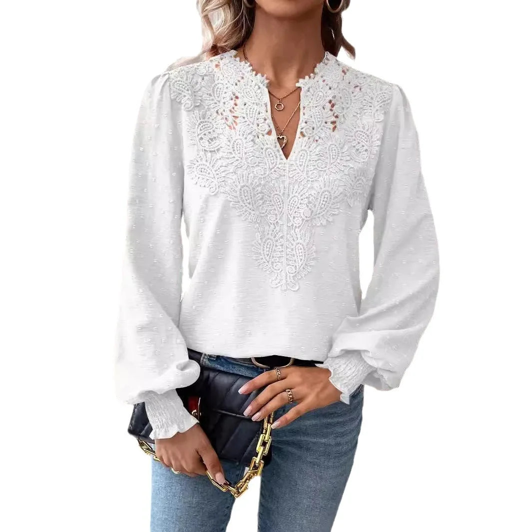 2025 Women's Autumn Winter Top V-Neck Lace Solid Color Long Sleeve Casual T-Top for Office New Element-Simple Shirt MegaBDM