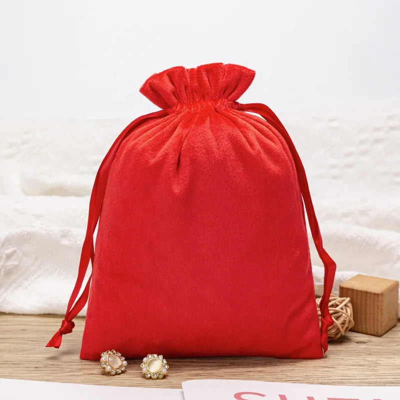 Ready to Ship BaiShun Red Recyclable Luxury Craft Jewelry Pouches Screen Printed Custom Logo Suede Velvet Small Drawstring Bag