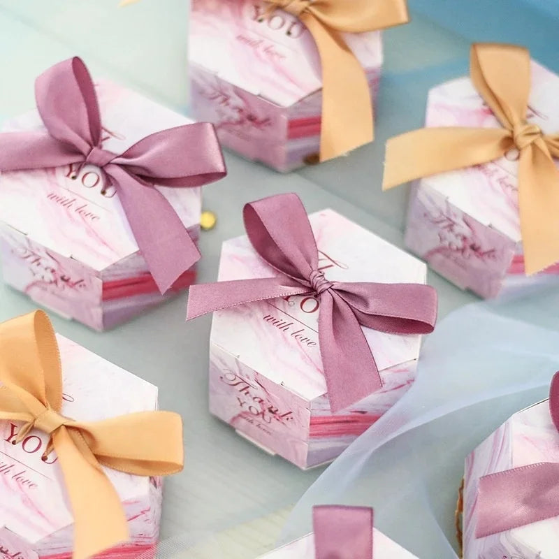 Yiwu Supplier China Wholesale Cheap Empty Wedding Favors Souvenir Hexagon Purple Candy Sweets Paper Boxes with Ribbon Decoration