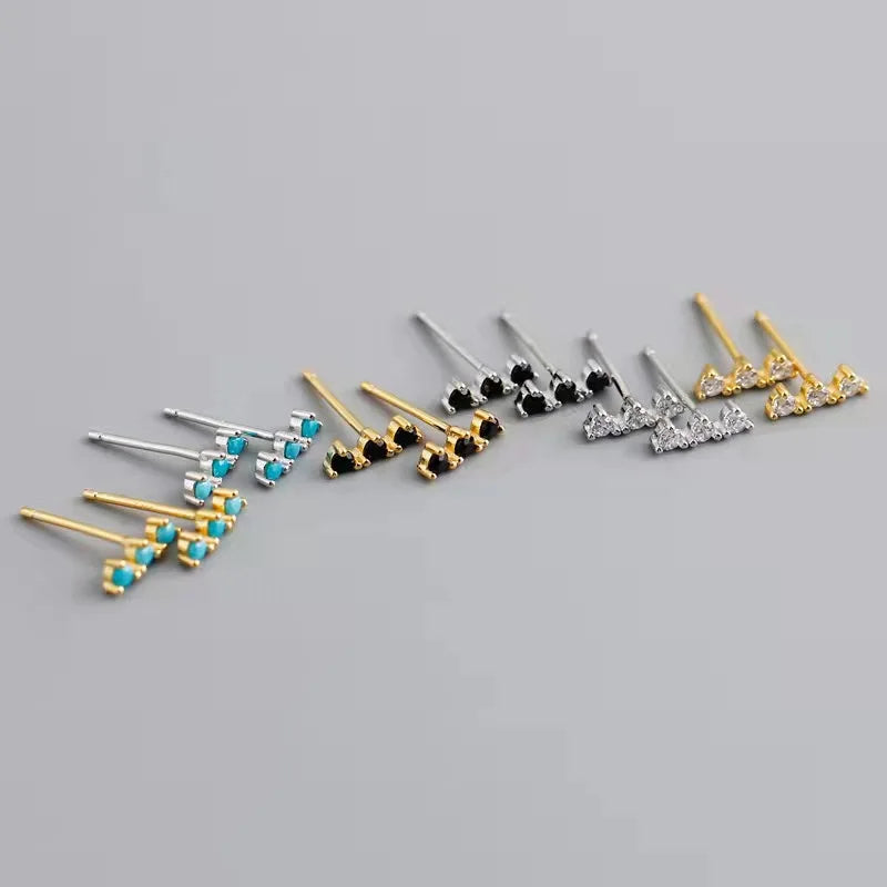 Gold Plated Sterling Silver Earring 3 Stone Mini Studs Earring 925 Earring Women