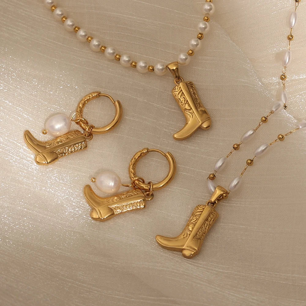 INS Popular Women 18k Gold Plated Stainless Steel Fashion Anti Tarnish Jewelry Jewelry Set Western Cowboy Boot Pearl Necklace
