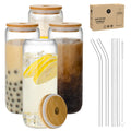 Hot Sell Drinking Glass Bamboo Lids Glass Straws 4 Packs 16 Oz Beer Can Shaped Glass Cups for Bubble Tea Smoothies