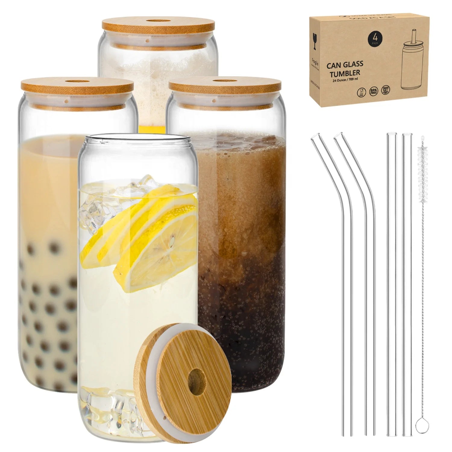 Hot Sell Drinking Glass Bamboo Lids Glass Straws 4 Packs 16 Oz Beer Can Shaped Glass Cups for Bubble Tea Smoothies