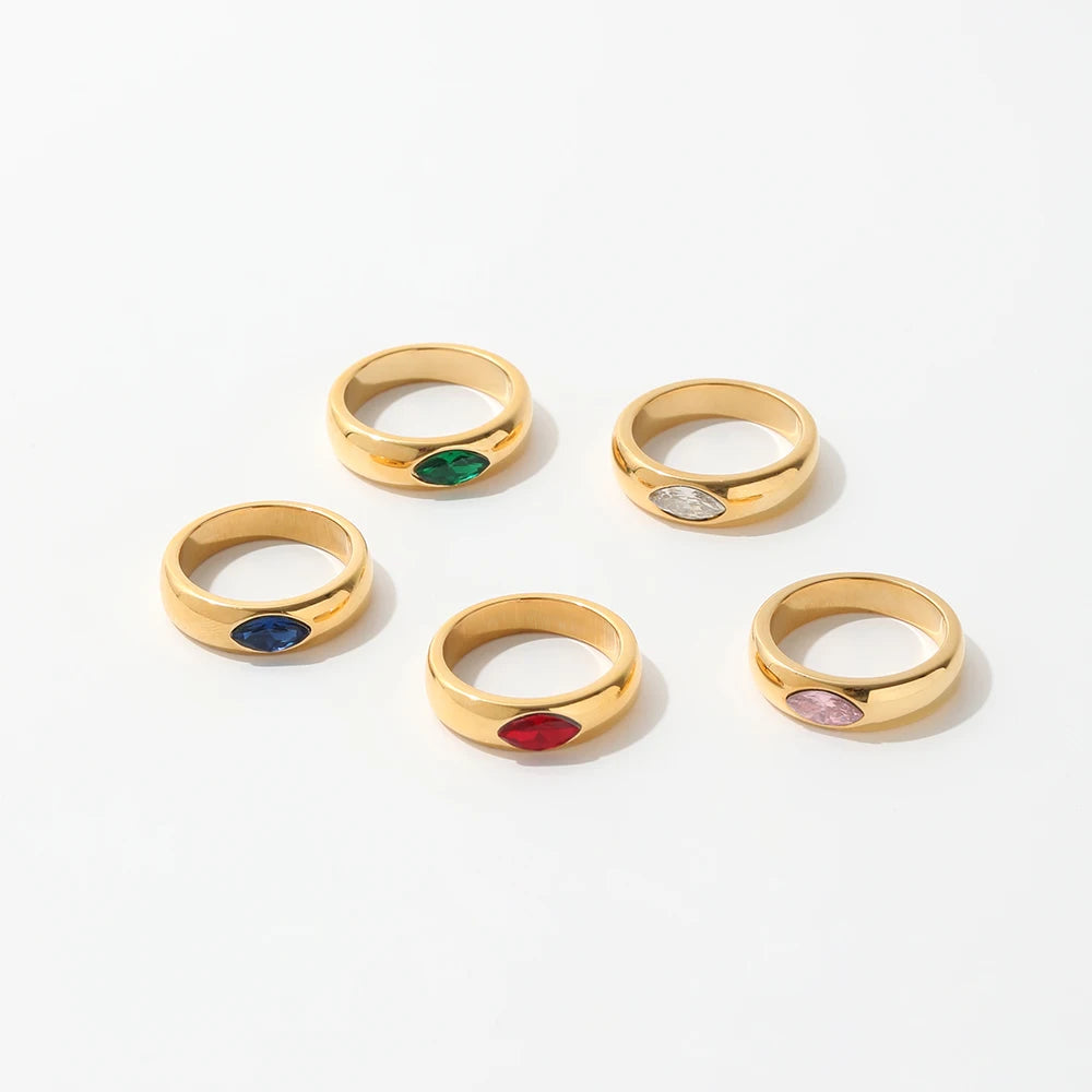 Fenny 18K Gold Plated Wholesale Candy Green Red Pink Blue Zirconia Horse Eye Stainless Steel Finger Ring Trend for Women