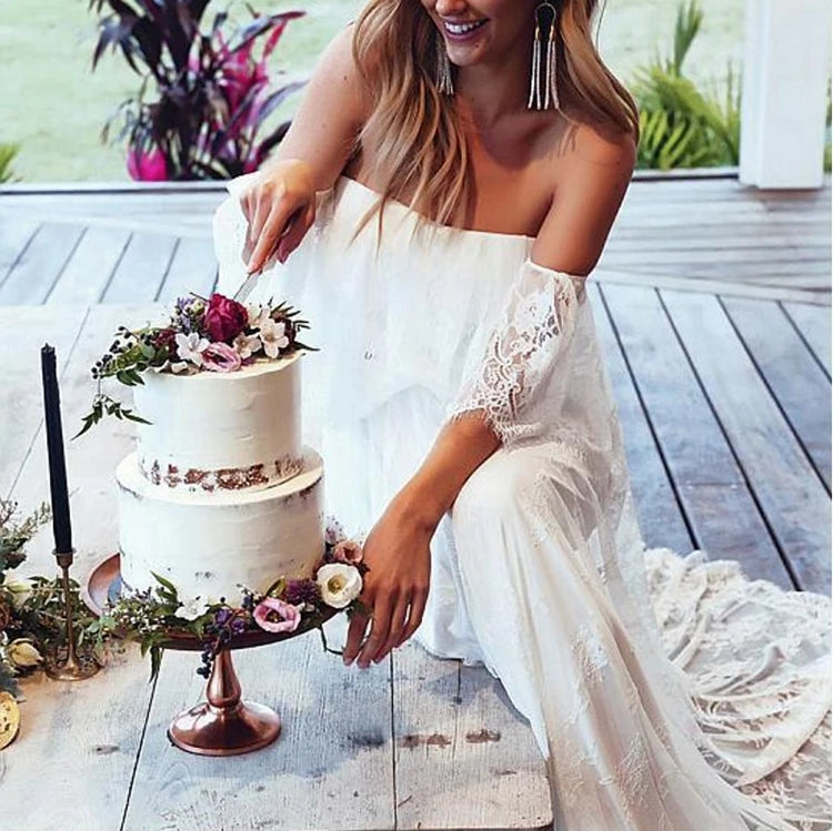 #940 Strapless Off the Shoulder Boho Lace Fabric Open Back Sweep Train Beach Bride Gown Wedding Dress Bridal Gown