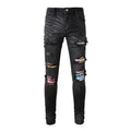 Wholesale Men's Stretch Slim Fit Ripped Distressed Patchwork Denim Trousers Black Patchwork Stack Hip Hop Vintage Style Jeans