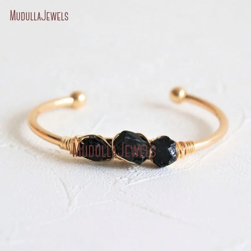 BM33621 Raw Black Tourmaline and Crystal Quartz Cuff Bracelet Gold Accented Fashion Charm Bangle