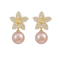 SC Shiny Full Zircon 925 Silver Needle Gold Flower Stud Earrings Vintage Temperament Champagne Pearl Drop Earrings for Women