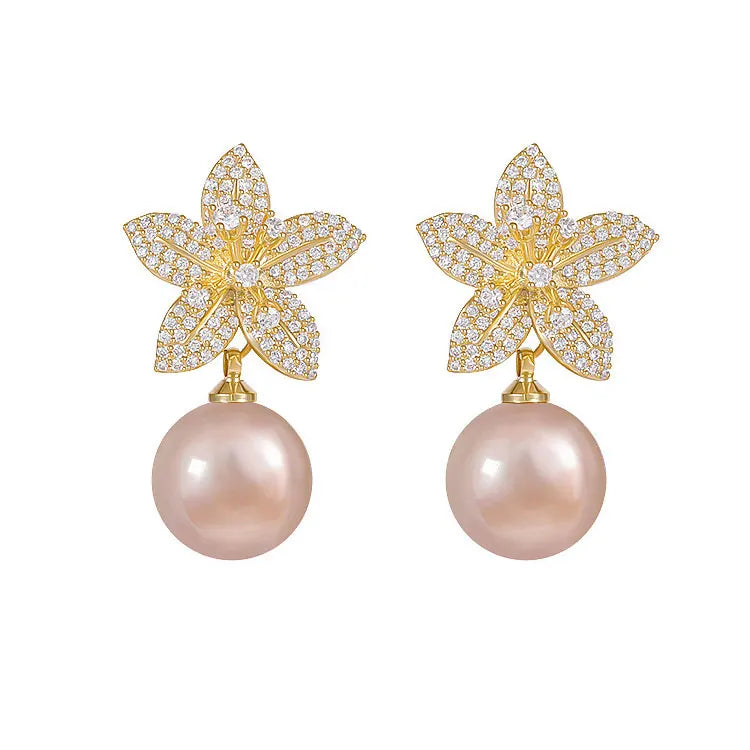 SC Shiny Full Zircon 925 Silver Needle Gold Flower Stud Earrings Vintage Temperament Champagne Pearl Drop Earrings for Women