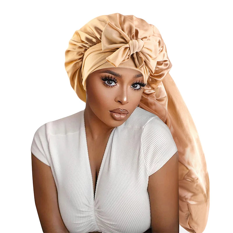 Wholesale Custom Logo Hair Accessories Long Hair Tied Satin Bonnet Solid Adjustable Ribbon Hair Dryer Sleep Bonnets for Women