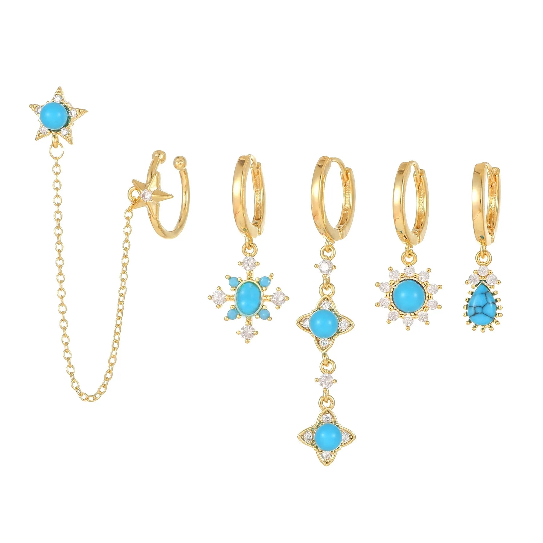 New Arrival Eco-friendly Brass Zircon Earring Set with Chain Tassel Classic Star Moon Shaped 18K Gold Plated for Women