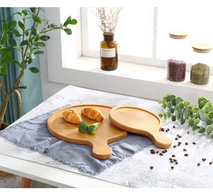 Natural Bamboo Large Small Size  Round Cutting Board Pizza Tray Bamboo Bread Pizza Board with Handle