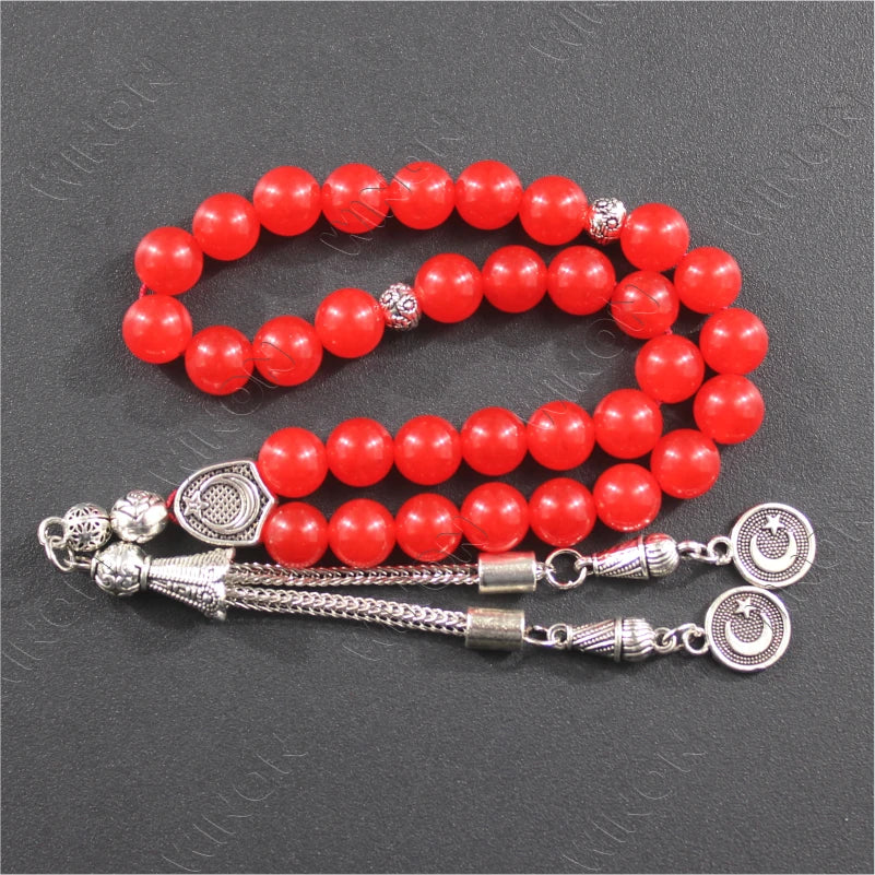 Red Tasbih Natural Stone with Silver Tassel Misbaha Islamic Rosary Arab Accessories 33 Prayer Beads Ramadan Rid Gift