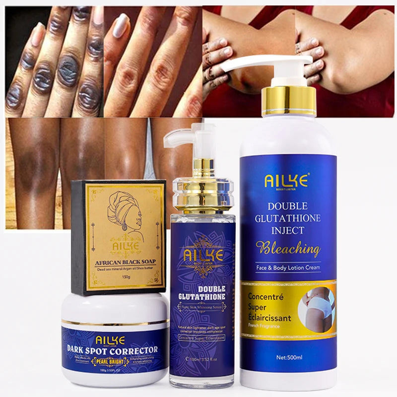 Private Label AILKE Skin Care Set Double-Glutathione Whitening Serum Dark Spot Face Cream Black Skin Soap Bleaching Body Lotion