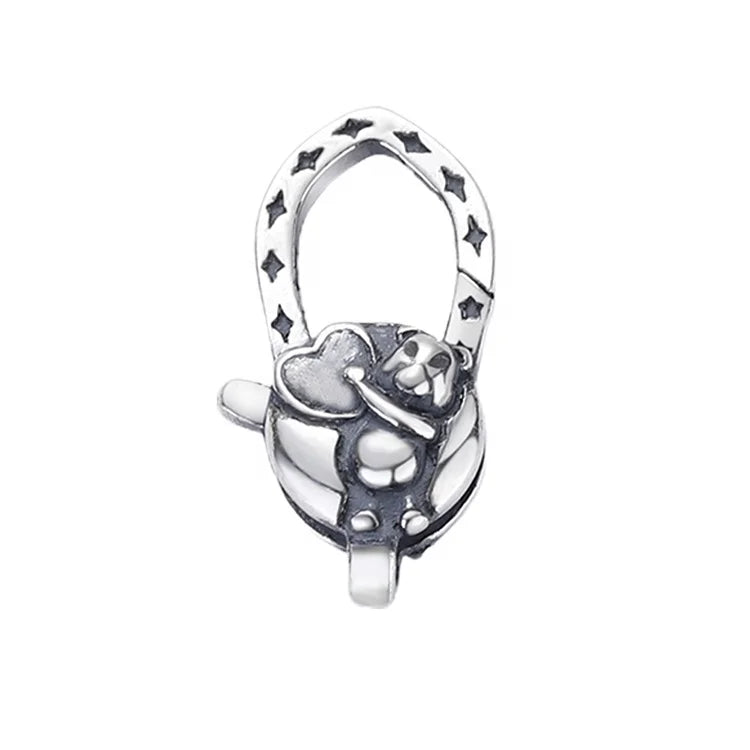 Oxidized Silver 925 Dog With Heart Lobster Clasp Black Tarnishing Look Silver Lock Findings for Bracelets Jewelry
