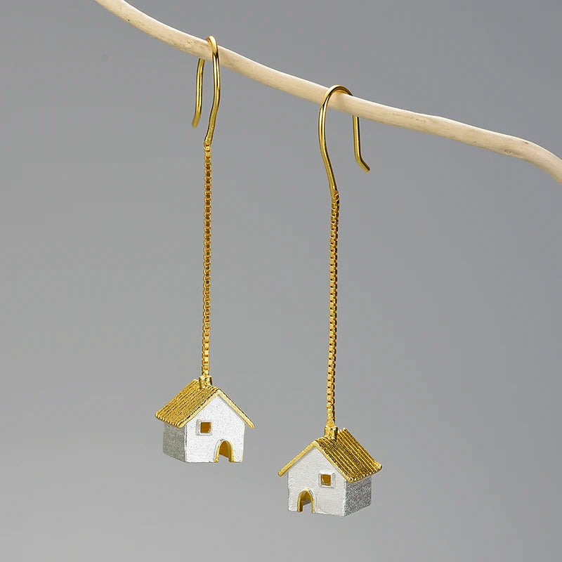 Top Fashion Unique Castle Long Drop Hanging Earrings 925 Sterling Silver With 18k Gold Plated Girl Lady Fine Jewelry for Women