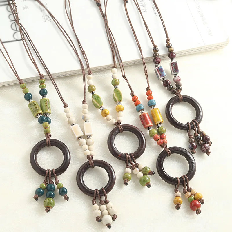 YL Ethnic Style Wooden Circle Pearl Hand-made Beads Sweater Long Retro Simple Necklace Women's Light Luxury Student Accessories