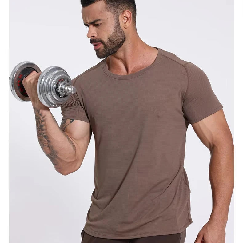 Men's 100% Cotton O-Neck Gym Fitness T-Shirts Quick Dry High Elasticity Breathable Sweat-Wicking T-Shirts for Exercise