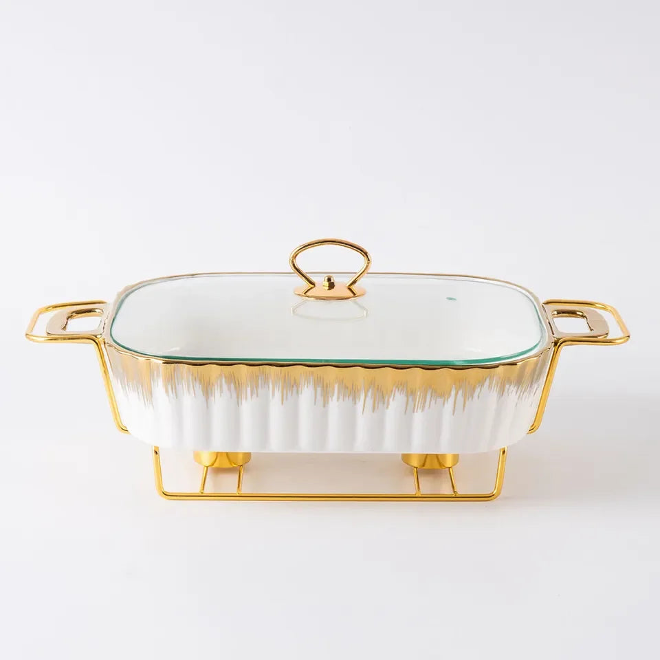 US Warehouse Rectangular Ceramic Casserole Warming Trays Gold Plating Food Chafers Buffet Warmers Serving Dishe